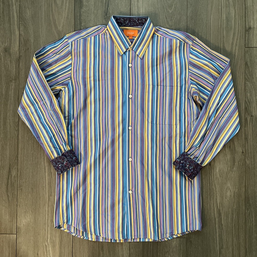 Tallia Mens Sz 18 Button Up Long Sleeve Shirt Purple Blue Yellow Stripes